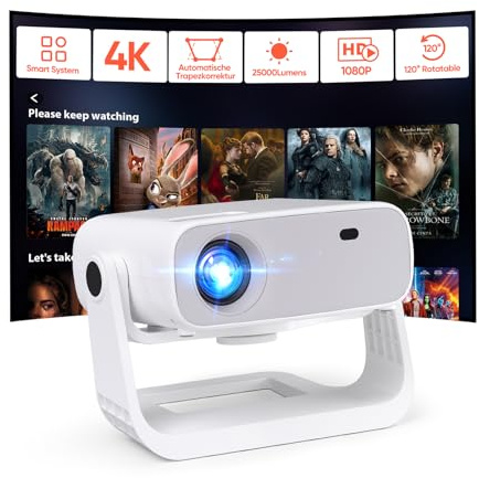 2025 Neuer Smart Beamer,Integrierte Apps,Full HD 1080P mit 4K-Unterstützung,25000 Lumens, 4D-Trapezkorrektur,Heimkino 4K Beamer Kompatibel mit iOS/Android/PS5