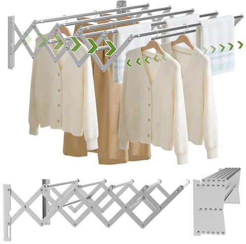 OUUTMEE Extendable Wall-mounted Clothes Drying Rack | Stainless Steel Foldable Towel Rack 65-127cm | Retractable Laundry Clothes Airer for Indoor Outdoor Bathroom Balcony,Silver-Large