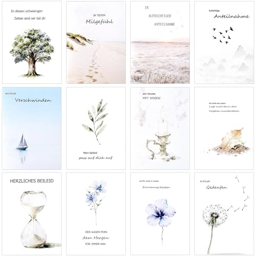 Lot de 12 cartes de condoléances avec enveloppe, cartes de condoléances pliables, de qualité supérieure, carte de condoléances avec inscription en allemand (cartes doubles/pliantes avec enveloppe)