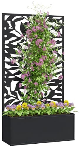 Outsunny Jardinera Exterior Grande de Metal Jardinera con Pantalla de Privacidad de Hojas Sólidas Decorativas Jardinera de Pared o Independiente para Patio Terraza 61x23x113 cm Negro