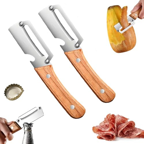 2PCS Pelador Multifuncional, Pelador de Verduras y Patatas, Descascador de Legumes, Pelapatatas Profesional con Mango de Madera, Pelador Patatas y Verduras para Cocina