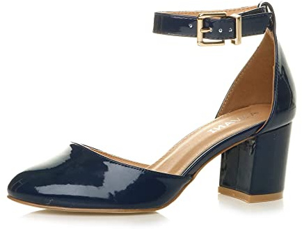 Damer mitten blockklack ankelrem spänne eleganta pumps sandaler storlek, Mörkblå lack, 41 EU