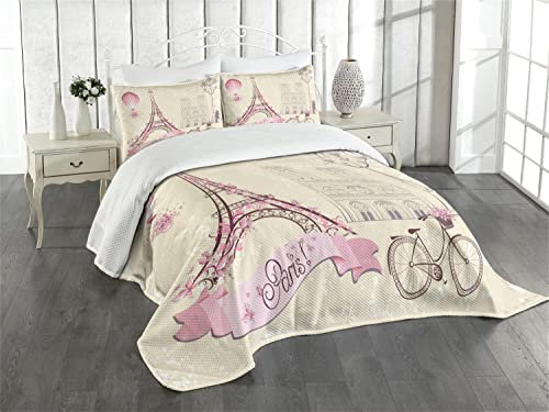 ABAKUHAUS Kuss Tagesdecke Set, Floral Paris Symbol Eiffel, Set mit Kissenbezug Klare Farben, für Einzelbetten 170 x 220 cm, Elfenbein Rosa