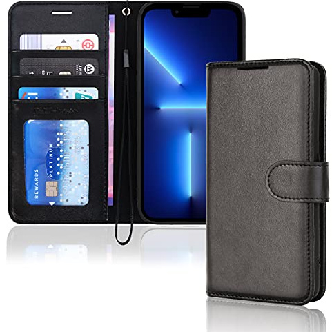 TECHGEAR iPhone 13 Pro Leather Wallet Case, Flip Protective Case Cover with Wallet Card Holder, Stand and Wrist Strap - Black PU Leather with Magnetic Closure Designed for iPhone 13 Pro 6.1