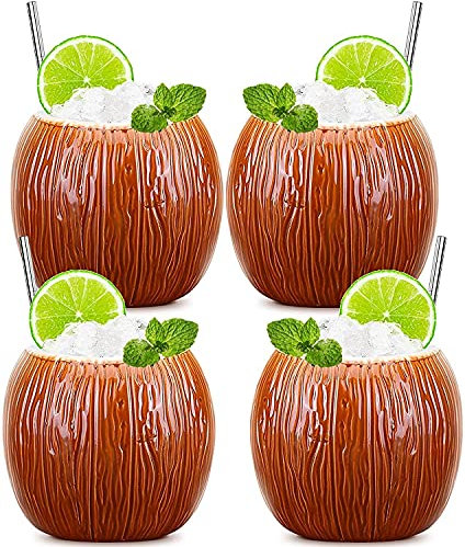 SuproBarware Tiki-Becher 530ml - 4er-Set Keramik Kokosnuss-Becher Cocktailgläser Tiki Bar Zubehör - Partydekoration Cocktailbecher Bechergläser