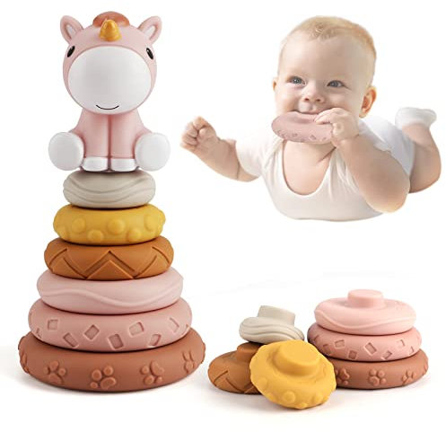 Gilowin 7 Jouets empilables avec Anneaux, Dentition pour bébé, Cercle de Nidification avec Figurine de Chevaux, Jouets d'éducation précoce, Cadeaux pour bébés 6 12 18 Mois, Tout-Petits, Filles…