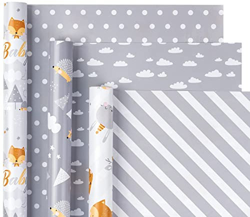 Holijolly Reversible Baby Dusche Wrapping Paper Roll.Mini Roll.3 Rolls.43.2x305cm Pro Rolle mit Nettes Igel, Tiere &Baby Beschriftung