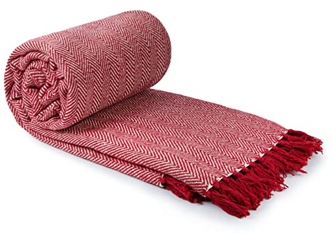 Emma Barclay Überwurf, Fischgrätenmuster, recycelte Baumwolle, Gemustert, für Stuhl, Sofa, Sofa, Bett, Überwurf, 178 x 254 cm, Rot