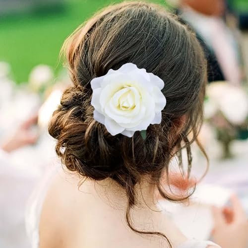 TseenYi Weiße Rose Blume Haarspange Kopfstück Große Weiße Blume Haarspange Weiß Floral Clip Boho Rose Haarnadel Brosche Braut Hochzeit Kopfstück Kopf Clip Zwei-Wege-Schmuck Für Frauen Und Mädchen