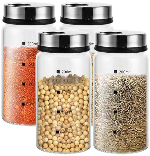 SHUESS Gewürzgläser mit Drehdeckel 4 Stück, Gewürzdosen aus Borosilikatglas, 200ml Gewürzstreuer mit 4 Arten von Gewürzlöchern für Gewürze oder Kräuter in der Küche oder Grillen im Freien