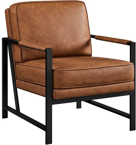 Soberine Poltrona da Salotto Moderna Poltrona Laterale di Design poltroncina da Divano Struttura in Metallo Sedia Imbottita in Pelle PU per Camera da Letto Studio Marrone Chiaro