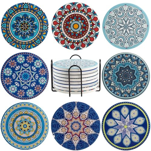 Die Bunte untertasse Einer Mandragora - Set aus 8 Kork, Keramik und Glas, 4 Zoll Mandala Muster Ideal für Tassen, Vasen und Kerzen Einweihungsgeschenk für Geburtstag - Küche und Wohnzimmer Dekoration