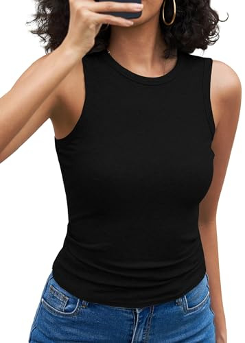 Aottori Camiseta Negro Tirantes Mujer Verano Camisetas sin Mangas Sexy Básica Tank Top Cuello Redondo Ajustada Acanalada Chaleco Deportivo Casual Elegante Negro M