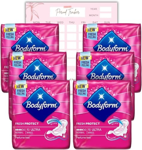 Body Form 10 Ultra Sanitary Towels with Wings Pack of 6, 60 (10 x6 Packs) Perfume Free Period Pads, Normal Flow Cour-V Ultra with Caliko Period Tracker