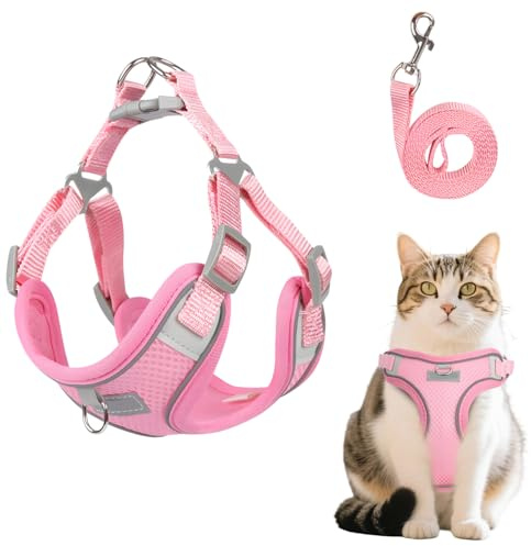MOTIBACK Katze Komfort Breathable Rosa Katzengeschirr mit Softgeschirr für Brustgeschirr Harness, Verstellbar Katzenleine Essentials für Katzenbesitzer, Katzengeschirr mit Leine Ausbruchsicher (S)