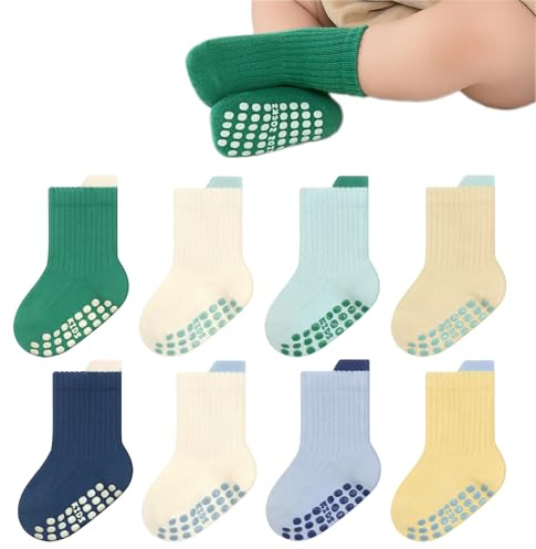 YANWANG 8 Pares de Calcetines Antideslizantes con Agarre para Bebé Calcetines de Tripulación Transpirable para Pequeños Niños Niñas(Green+Blue,L:3-5Y)