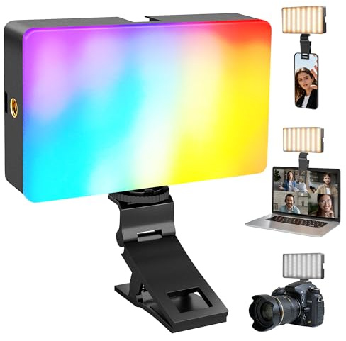 NiceVeedi Luz de Video RGB, 2700K-6500K LED Luz para Selfies con Clip, Zapata Fría y Montura 1/4, Recargable Lámpara De Cámara para Maquillaje/Fotografía/Streaming/Videoconferencia
