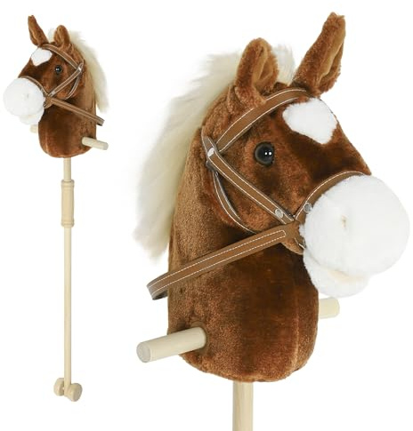 AIYAPLAY Hobby Horse Steckenpferd mit Sound, Griffe, Rolle, Holzstock, Hobby Horsing aus Polyester mit Langer Mähne für Kinder 24+ Monate, Stockpferd & Rollenspiel