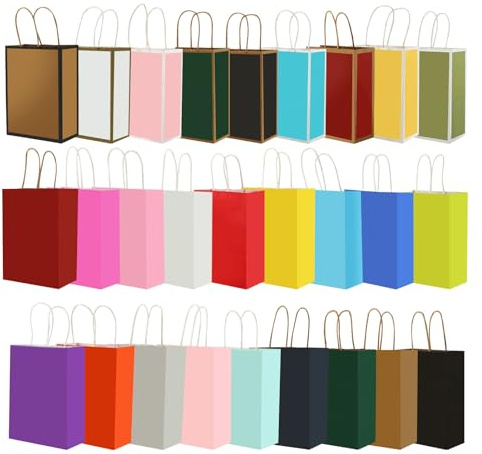 Kievano Lot de 27 sacs en papier kraft colorés 15 × 8 × 21 cm avec poignées – Lot de 27 sacs cadeaux colorés en papier kraft pour anniversaire, fête, mariage, petit cadeau et emballage