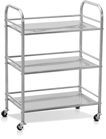 Stainless Steel Utility Cart - 3-Tire Metal Rolling Small Service Cart on Wheels for Salon Labs Clinic - Flat Top Kitchen Storage Organizer Shelf Trolley for Livingroom Office