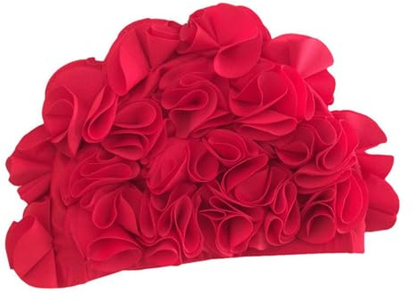 Zambuph Cuffie da bagno con petali floreali per donne e ragazze, cuffie da bagno elastiche per allenamenti prolungati ed elastiche per una maggiore durata, unisex per il surf , Rosso , 20x21 cm