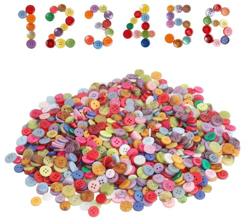 1 000 stycken knappar, färgglatt set med nål och trådset, färgknappar, färgglada knappar för pyssel, 0,9 cm – 1,4 cm, plastknappar, köp, lämplig för alla gör-det-själv, sömnad, stickat och hantverk
