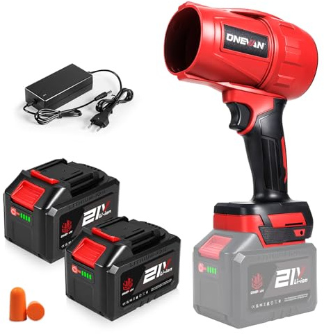 ONEVAN Turbo Soplador Bateria, 600km/h Soplador de Hojas sin Escobillas con 2 Baterías 4.5Ah y Cargador 1.2A, Fuerza de Soplado 1.5 kg, Soplador de Aire Potente Jardin para Hojas, Polvo y Nieve