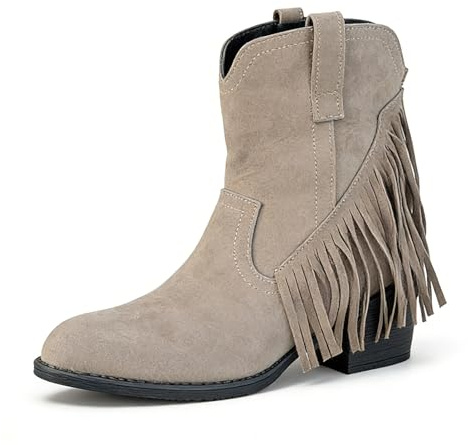 Jemnpela Botines de Tobillo de Ante para Mujer con Flecos Tacón Medio Ancho Fácil de Calzar Estilo Vaquero Calzado Boho para Conciertos Country Fiestas Temáticas Bodas y Baile