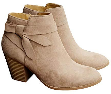 PiePieBuy Women's Tie Knot Chelsea Pump Ankle Boots Closed Toe Stacked Heel Booties Shoes,Beige, Size 8