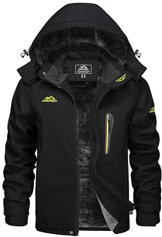 KEFITEVD Men's Winter Waterproof Ski Jacket Warm Hiking Coat Fleece Softshell Snowboarding Jackets with Detachable Hood,Black,3XL