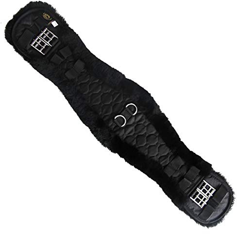 Merauno® Sangle de Selle en Peau d'agneau avec Sangle de Dressage anatomiqueen Forme de Faucon concave, Sangle d'équitation avec Fourrure Naturelle et Sangle en Peau d'agneau Marron et Noir
