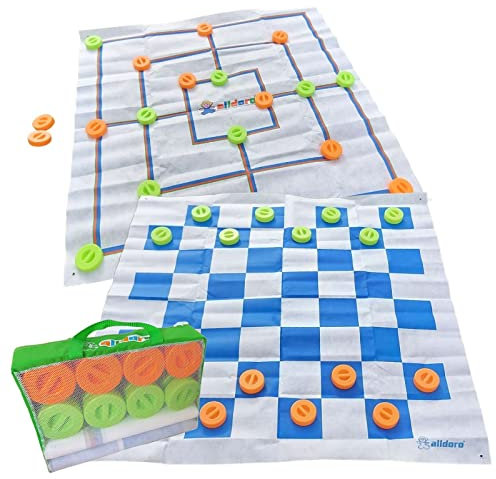 alldoro 60063 XXL Mühle und Dame Spiel mit Tragetasche, 2 in 1 Outdoor Brettspiel mit 24 Spielsteinen mit Griff, 2 große Spielmatten ca. 158x158 cm, Gartenspiel für Kinder ab 3 Jahre & Erwachsene