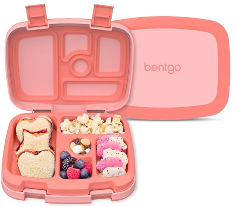 Bentgo Kids Bento-Style 5-Compartment Leak-Proof Lunch Box - Ideal Portion Sizes for Ages 3 to 7 - Durable, Drop-Proof, Dishwasher Safe, PFAS & BPA-Free & Made with Food-Safe Materials (Coral)