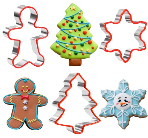 Crethinkaty 3 PCS Christmas Cookie Cutter Set,Gingerbread Man,Snowflake,Christmas Tree Shape with Soft PVC Edge Xmas Cookie Cutters for Baking