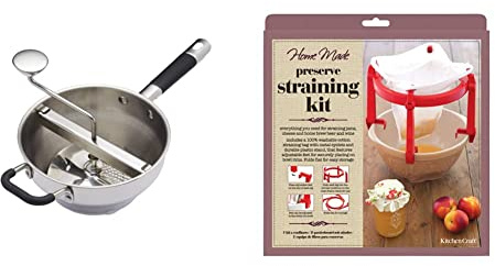 KitchenCraft MasterClass MCFOODMILL Heavy-Duty Rotary Food Mill and Puree Maker, Metallic, 43.5 x 21 x 19.5 cm & KitchenCraft Home Made Jam Strainer / Jelly Bag and Stand, 2 Pieces