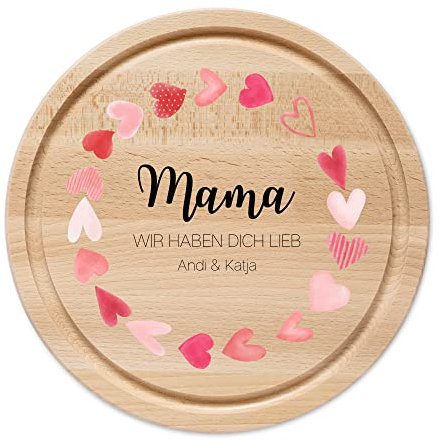 wunderwunsch - Individuelles Holzbrett mit Hochwertigem UV-Farbdruck - Rundes Holzbrett mit Name - Personalisiertes Brotzeitbrett für Mama, Papa, Oma oder Opa (Herzkreis)