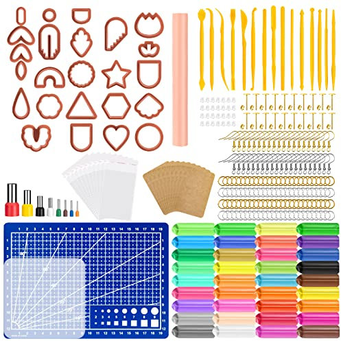 Jeesblsy Polymer Ton Ausstecher Ohrringe Set, 36 Farben Polymer Clay mit Ausstechformen, Modellierwerkzeug und Ohrring-Zubehör DIY für Schmuckherstellung aus Polymerton (365 Stück)