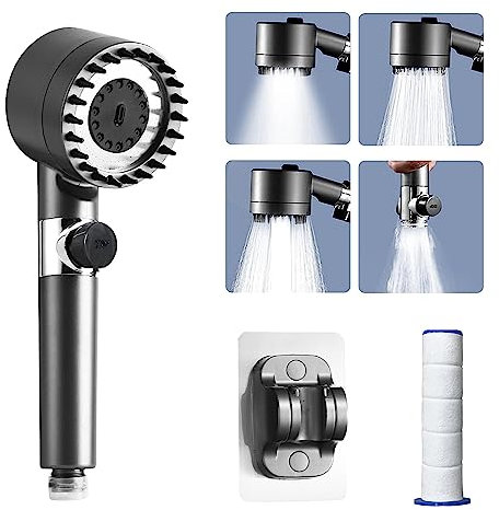 idudu Soffione doccia ad alta pressione a risparmio d'acqua, doccetta massaggiante con 4 modalità, supporto filtro multifunzione regolabile, bellezza della pelle, soffione doccia risparmio, Grigio