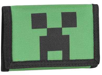 MINECRAFT - Portafoglio E Portamonete 3 Ante, Chiusura In Velcro, Portafoglio Unisex Bambini E Ragazzi, Porta Monete Con Chiusura A Zip, Cm 13,5x9,5h - Verde