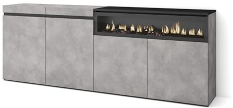 Skraut Home | Aparadores para salón | Gran Capacidad de almacenaje | 200x75x35cm | 4 Puertas | Chimenea eléctrica | Estilo Moderno | Cemento