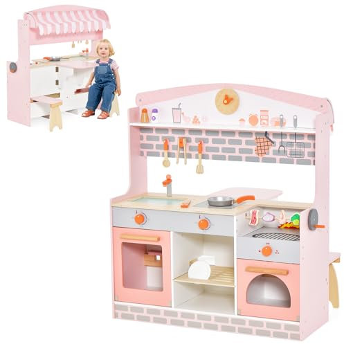 GOPLUS 2 in 1 Kinderküche aus Holz mit Klappbarem Tisch & Stühle, Spielküche mit Spielzubehör & Herd & Backofen, Grill Spielzeugset für Jungen & Mädchen 3-8 Jahre Alt, für Kinderzimmer & Spielzimmer