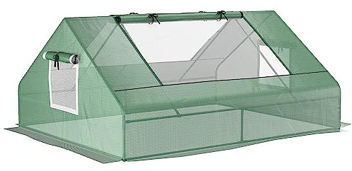 Outsunny 180 x 140 x 80cm Portable Mini Greenhouse, Garden Small Green House with Zipped Windows and Door, Tunnel Planting Shed, Outdoor Flower Planter Warm House, Dark Green