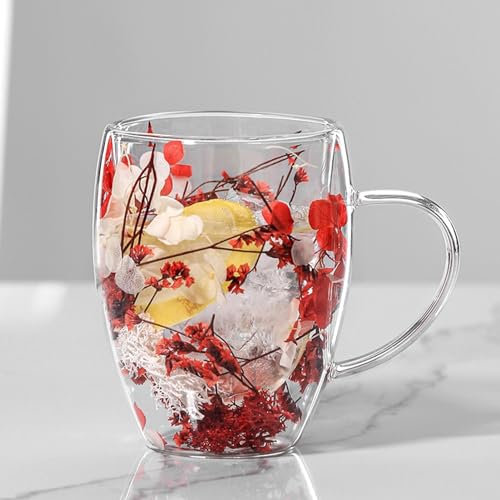 Befeixue Tasses En Verre De Fleurs Sèches | Tasses À Café À Double Paroi Fleurs Séchées | Tasse À Thé En Verre Transparent Avec Poignée | Tasses À Fleurs Esthétiques À Double Paroi Pour Lait Thé Jus