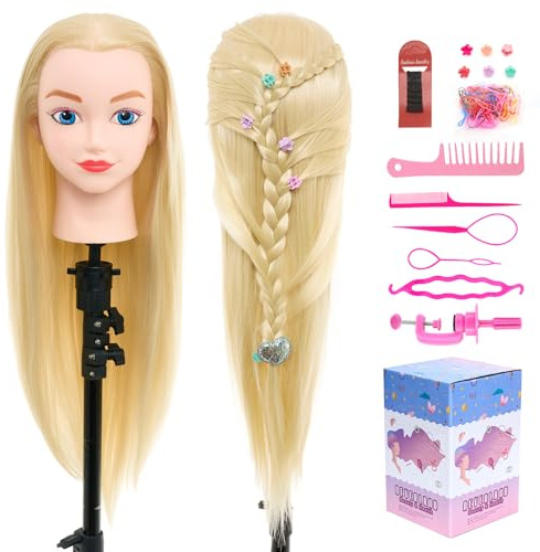 Neverland Toaletthuvud med äkta hår 50 cm (20 tum) 100 % syntetiskt hår träningshuvud för frisörer frisyrhuvud med dockhuvud stativ styling med bordsklämma + hårstylingset