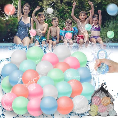 Wiederverwendbare Wasserballons,30 Stück Wasserbomben Selbstschließend mit Netztasche Silikon Wasserballons Schnelles Befüllen Wasser Luftballons für Kinder ab 4 Pool Spielzeug Strandspielzeug