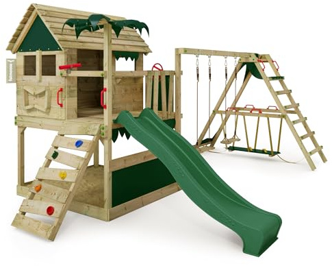 Fatmoose Aire de Jeux Portique Bois TikaTaka avec balançoire SurfSwing et Toboggan Vert, Cabane Enfant Exterieur avec bac à Sable, échelle d'escalade & Accessoires de Jeux
