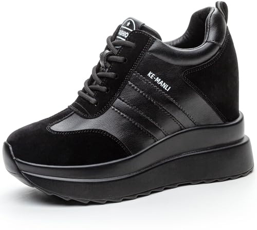 JAOOUU Zapatillas con Cuña Mujer Deportivas de Plataforma Zapatillas con Tacón Zapato Moda Casuales Transpirables Sneakers Altura Aumentada Tacón Cuña10cm Negro 38EU