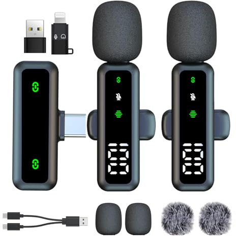 Kabelloses Lavalier-Mikrofon mit LED-Anzeige, Lavalier-Mikrofone Clip on Mic mit Rauschunterdrückung, für Videoaufnahmen, Tiktok, Youtube, Vlog Podcast Content Creator (schwarz)