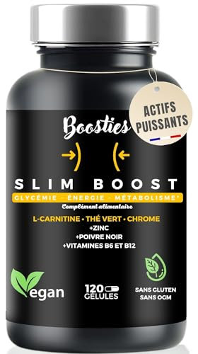 Boosties Slim Boost Minceur – L-Carnitine, Thé Vert, Chrome, Zinc, Vitamines B6 & B12 – Vegan – Support Glycémie, Énergie, Métabolisme, Pré-workout – 120 Gélules