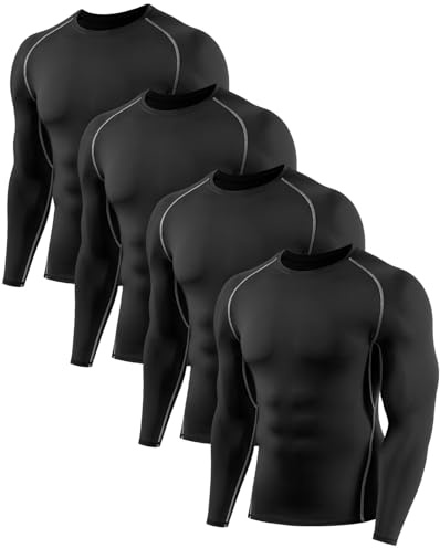 Orrfreer 4 Pack Men's Long Sleeve Compression Base Layer Top Quick Dry Long Sleeve Running Top Mens Tight Baselayer Tee Shirts All Season for Running Training 4 Black S